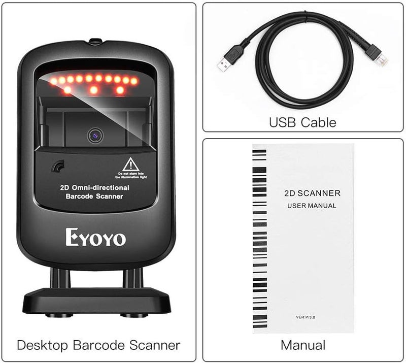 EYOYO ماسح الباركود المكتبي 1D 2D، ماسح باركود USB سلكي بدون استخدام اليدين، التقاط الباركود من شاشة الهاتف المحمول، استشعار الصورة التلقائي لمتجر السوبر ماركت ومكتبة البيع بالتجزئة - Image 3